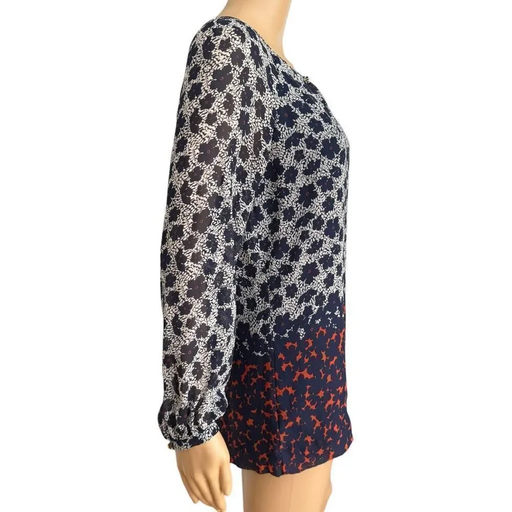 TORY BURCH 100% silk Floral Print blouse with Semi See Through Long Sleeve Sz 6